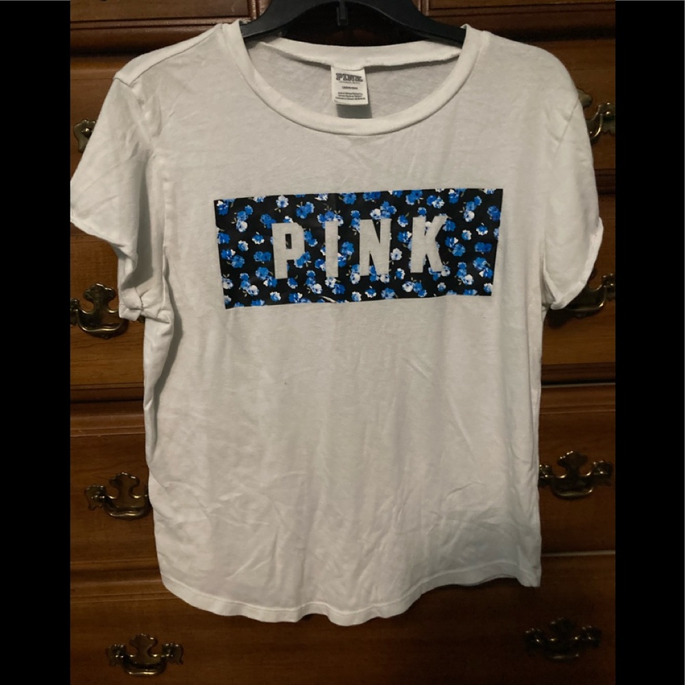 PINK White Tee with Floral Logo